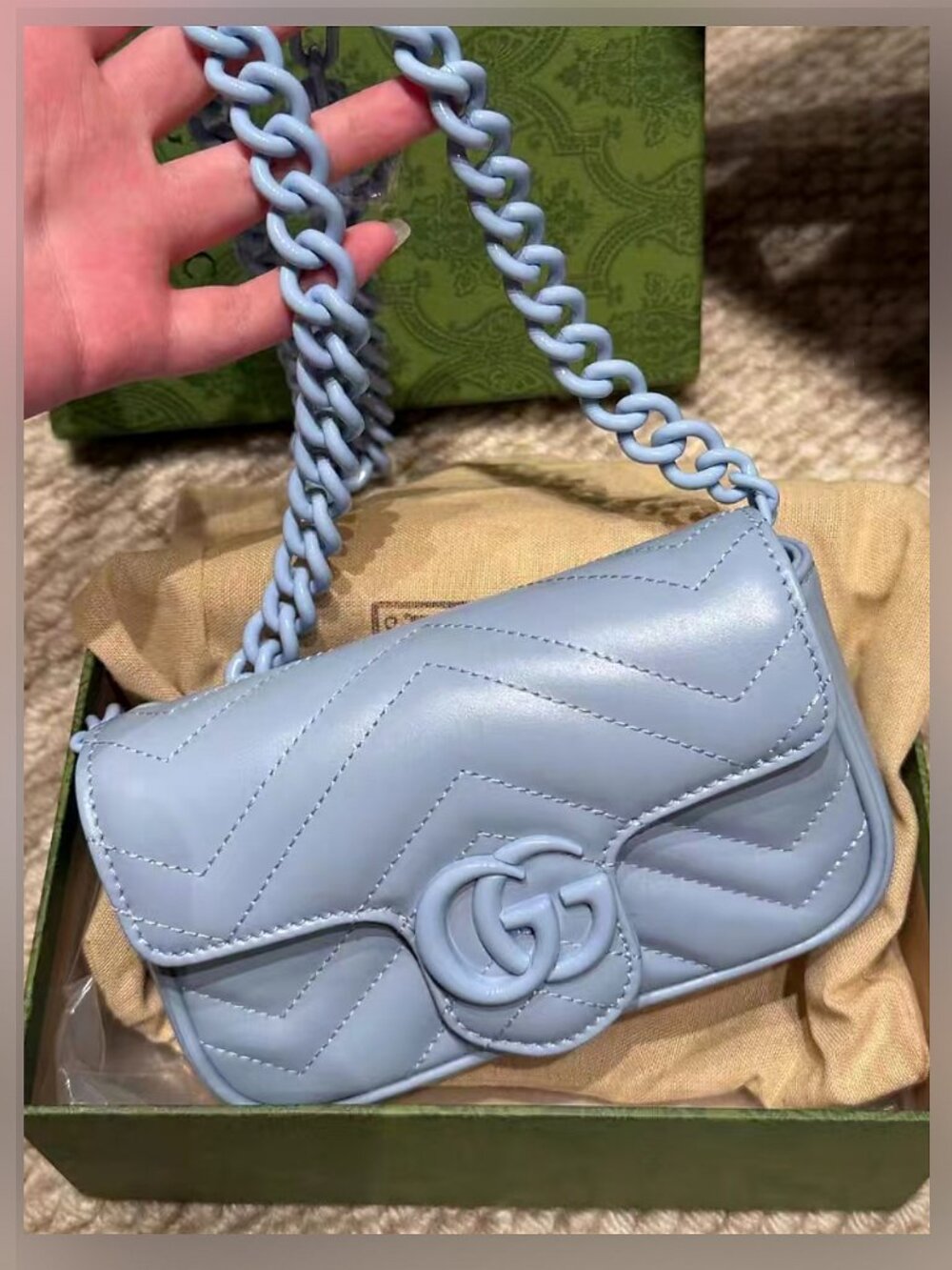 Gucci GG Marmont Mini Pastel Blue Chevron Leather Chain Crossbody Bag